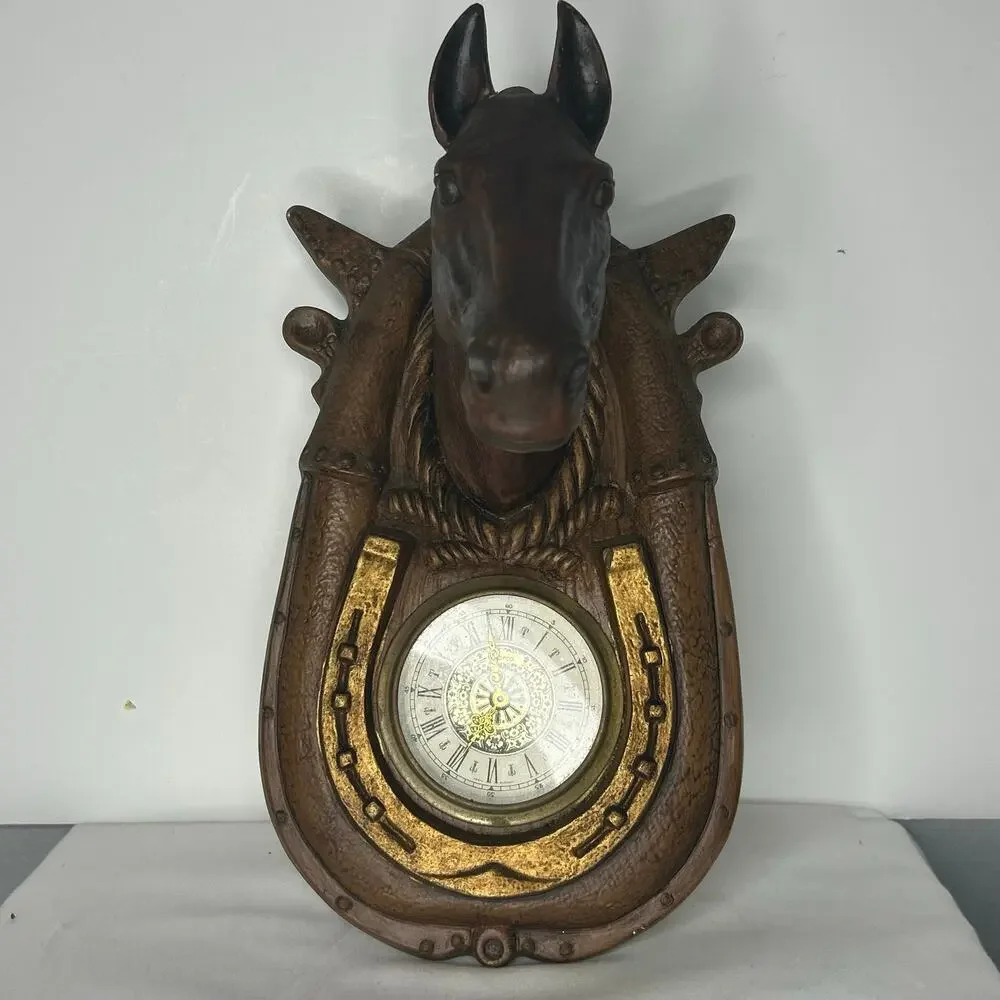 Vintage Horse Head Horseshoe Wall Clock Working German Wind Up Equestrian Decor